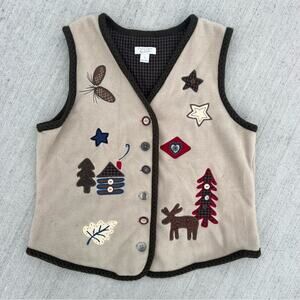 VTG Christopher & Banks Fleece Woodland Winter Christmas Beige Vest Appliqué L